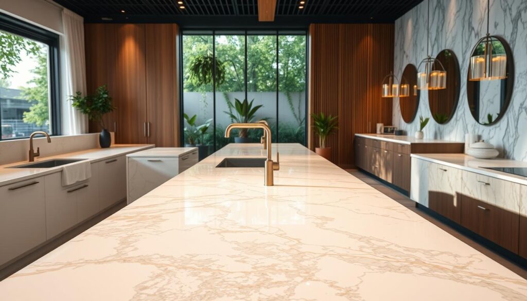 Quartz countertops projects showcase in residential renovations and commercial spaces.