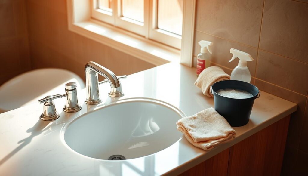 How do I clean bathroom countertops?