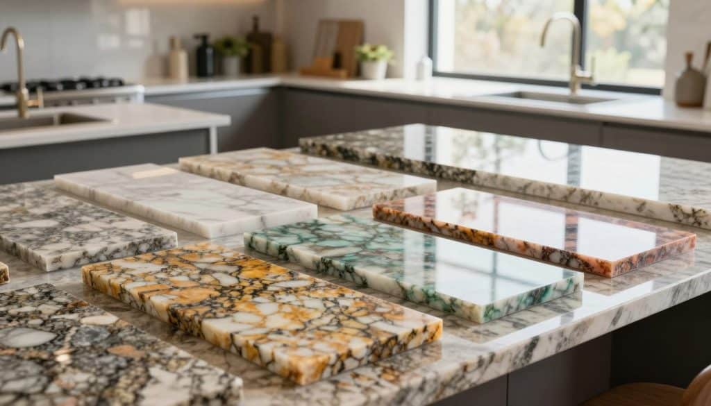 A beautifully arranged display of quartz and granite countertops showcasing various style design patterns, colors, and finishes. In the foreground, polished granite pieces exhibit rich, earthy tones with intricate veining. Next to them, vibrant quartz slabs reflect a kaleidoscope of colors, including soft pastels and bold hues, with an emphasis on their glossy surfaces. The middle ground captures various countertop setups in a modern kitchen environment, featuring sleek cabinetry and contemporary fixtures, highlighting the functionality and aesthetic appeal. In the background, soft, diffused natural light streams through a large window, creating a warm and inviting atmosphere. The overall mood is one of elegance and sophistication, inviting viewers to explore the beauty of these materials without any text or watermarks.