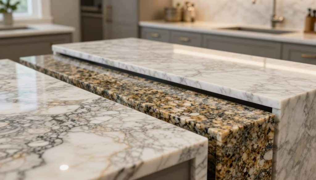 A beautifully arranged display showcasing quartzite, granite, marble, and quartz countertops in a well-lit kitchen setting. In the foreground, feature a polished quartzite countertop exhibiting its unique texture and color variations, alongside a rich granite slab that highlights its durability and elegant patterns. In the middle ground, incorporate a refined marble surface with its characteristic veining and a glossy quartz countertop that represents modern design. The background should contain soft-focused kitchen elements, such as stylish cabinetry and muted lighting that creates a warm and inviting atmosphere. The scene is captured from a slightly elevated angle, allowing a clear view of the textures and finishes, emphasizing the differences between each type of stone. The mood is sophisticated, inspired, and informative.