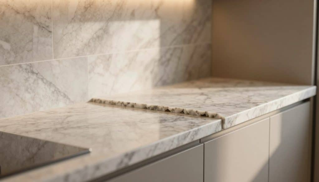 A beautifully crafted quartzite countertop showcasing a variety of edge profiles in a modern kitchen setting. In the foreground, highlight a smooth, polished countertop with a refined bevel edge, and next to it, a more decorative ogee edge, both reflecting soft natural light. In the middle ground, a backsplash made of matching quartzite tiles complements the countertops, featuring subtle veining patterns that add depth. The background includes elegant cabinetry and soft shadows, emphasizing a warm, inviting atmosphere. Use warm, diffused lighting to create a cozy ambiance, while capturing the scene from a slightly elevated angle to showcase the textures and details of the materials.