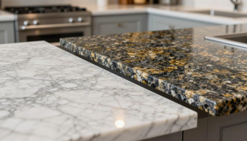 A close-up, elegant comparison of quartz and granite countertops side by side, highlighting their unique textures and colors. In the foreground, a polished quartz countertop with a shimmering, reflective surface, showcasing its intricate veining in soft whites and grays. Beside it, a rich granite surface with bold speckles of black, gold, and cream, emphasizing its natural beauty. The middle ground features a sleek kitchen setting with modern appliances and subtle lighting, creating a bright and airy atmosphere. In the background, a hint of soft-focus cabinetry adds depth and context. The overall mood is professional and inviting, portraying a sense of timeless style and quality, captured with a slightly elevated angle to accentuate the surfaces.
