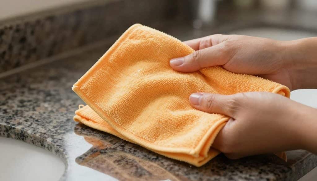 A close-up view of a warm water microfiber cloth, held in a pair of hands, gently glistening with moisture. The cloth, showcasing a soft texture and rich color, should appear slightly wrinkled, emphasizing its absorbent quality. In the background, a stylish granite countertop shines under soft natural light, enhancing the contrast between the dark stone and the vibrant cloth. The scene is set with a subtle bokeh effect that blurs the edges, focusing attention on the cloth. Include a faint reflection of the cloth’s color on the countertop surface, imparting a sense of cleanliness and readiness for use. The overall mood is fresh, inviting, and professional, ideal for showcasing cleaning essentials.