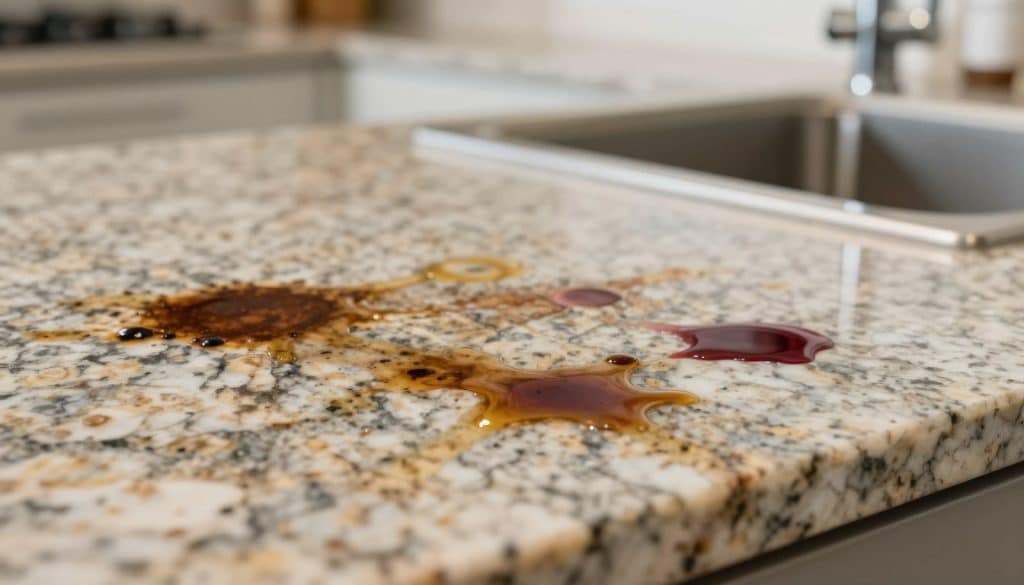 A close-up view of various stains on a polished granite countertop, showcasing deep-set coffee, red wine, and oil stains. The foreground features a vibrant and detailed texture of the granite, highlighting its natural veins and polish. In the middle, a soft, diffused light creates subtle reflections on the countertop, accentuating the differences between the clean and stained areas. The background is blurred to emphasize the countertop, featuring hints of kitchen elements, such as a sleek sink and minimalistic kitchenware, conveying a modern home environment. The atmosphere is calm and focused, inviting the viewer to explore stain-removal techniques while maintaining the essence of a professional kitchen space. The image should have a bright, inviting color palette, enhancing the clarity of the stains without any distractions.