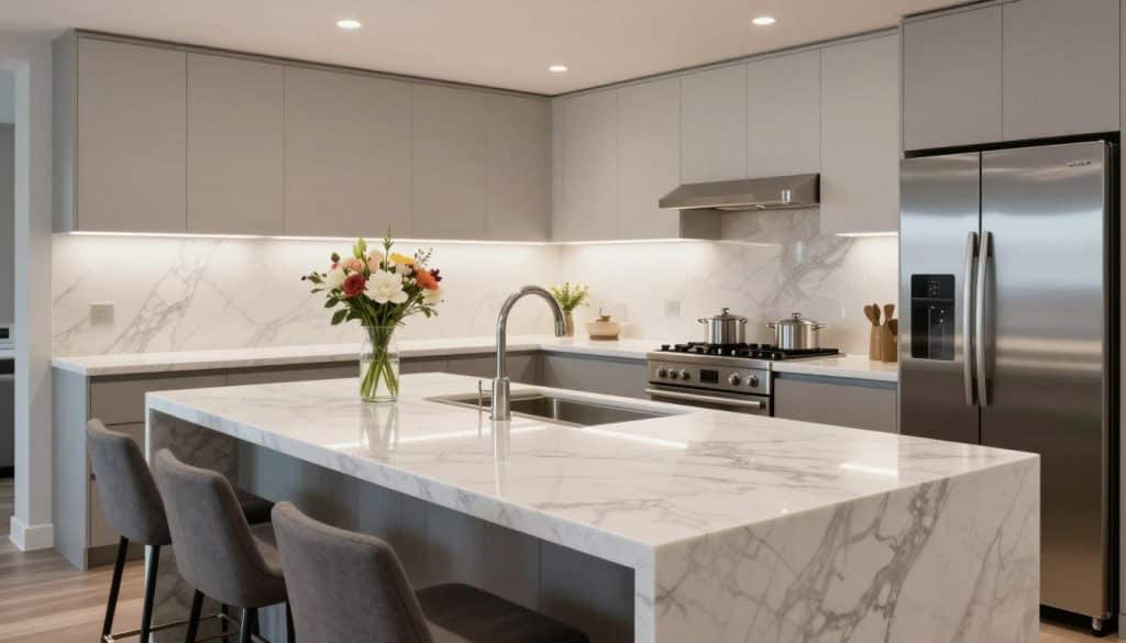 A stylish, modern kitchen featuring stunning quartz countertops that showcase a blend of white and gray veining patterns, emphasizing the engineered performance and sleek aesthetics. The foreground includes a polished quartz island with contemporary bar stools, elegantly arranged for social gatherings. In the middle ground, soft, ambient lighting from overhead fixtures illuminates the countertops, highlighting their smooth texture and reflective surface. A vase with fresh flowers adds a touch of color. The background features minimalist cabinetry and stainless steel appliances, reinforcing the clean, modern style. The atmosphere is inviting and sophisticated, perfect for a professional installation setting, captured from a slight angle to give depth to the space.