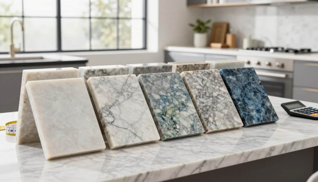 A well-lit, professional setting showcasing a quartzite countertop display with a variety of slab samples in the foreground. Organize the slabs horizontally on a sleek marble-topped table, highlighting different textures and colors of quartzite, from soft whites and grays to rich blues and greens. In the middle background, a modern kitchen can be partially seen, with light streaming in from large windows, enhancing the natural beauty of the stone. Include a measuring tape and a calculator subtly placed next to the slabs, evoking the concept of pricing. The mood should emanate a sense of sophistication and clarity, emphasizing quality and choice, as if guiding a discerning customer through their selections. Use soft, diffused lighting to create an inviting atmosphere, with a slight depth of field focusing on the samples.