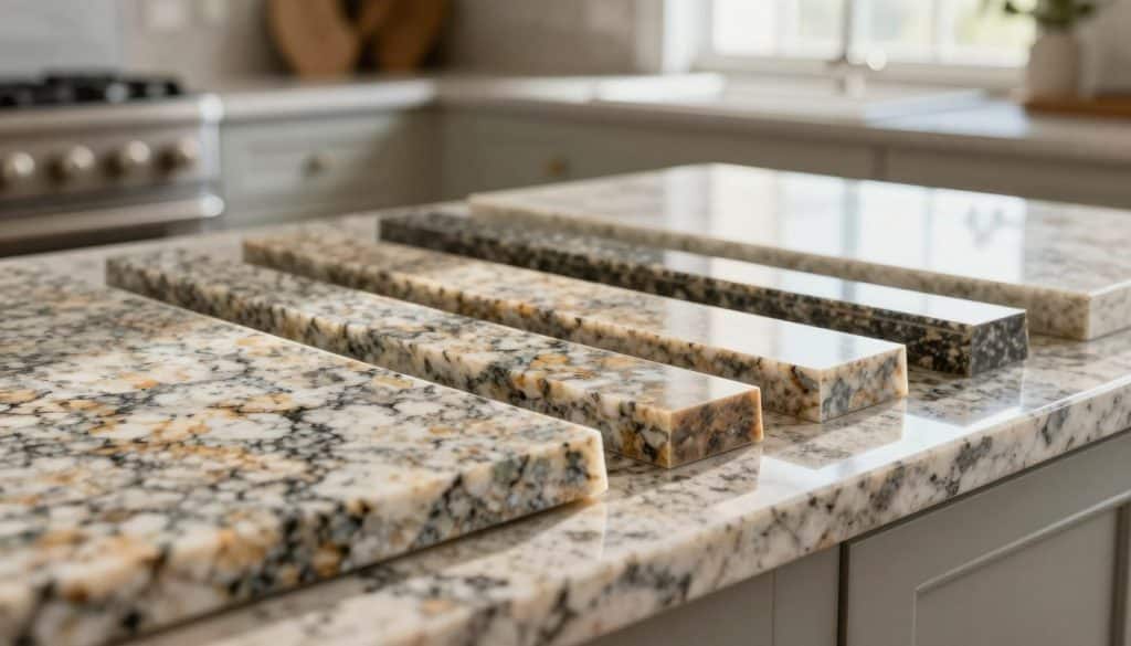 An elegant display of various granite countertop edge profiles, showcasing a selection of different styles such as bevel, bullnose, and ogee. In the foreground, focus on a beautifully polished granite slab with a high-gloss finish, highlighting the intricate details of its edge. In the middle ground, arranged samples of different thicknesses and edge finishes, each reflecting light to accentuate their unique textures and colors. In the background, a softly blurred kitchen setting with natural lighting coming through a window, casting gentle shadows that create a warm and inviting atmosphere. The image should evoke professionalism and sophistication, suitable for a home design context, with no text or distractions present.