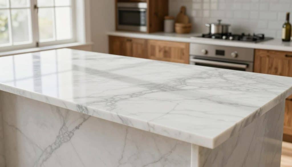 A beautifully polished slab of white marble with intricate gray veining sits prominently in the foreground, showcasing its natural elegance and sophistication. In the middle ground, soft natural light filters through a nearby window, casting gentle shadows that highlight the marble's reflective surface. The background features a cozy kitchen setting with warm wooden cabinetry and contemporary fixtures, creating a welcoming atmosphere. The overall mood is one of luxury and timeless beauty, ideal for a home environment. The image is captured from a slightly elevated angle, emphasizing the depth and texture of the marble while maintaining a clean, clutter-free composition.