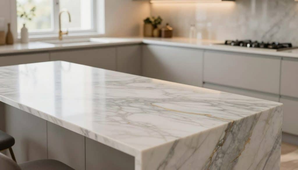 A beautifully styled kitchen featuring a marble countertop on one side and a quartz countertop on the other. The foreground showcases a luxurious marble surface with intricate, swirling patterns in shades of white, gray, and subtle gold veining. The middle ground displays the smooth, sleek quartz surface in a soft, uniform hue, subtly reflecting ambient light. In the background, warm, natural lighting streams in through a large window, illuminating the elegant cabinetry and decor of the kitchen. A perspective view captures the richness of materials and design versatility, evoking a modern yet inviting atmosphere. The overall mood is sophisticated and contemporary, perfect for a design-focused setting.
