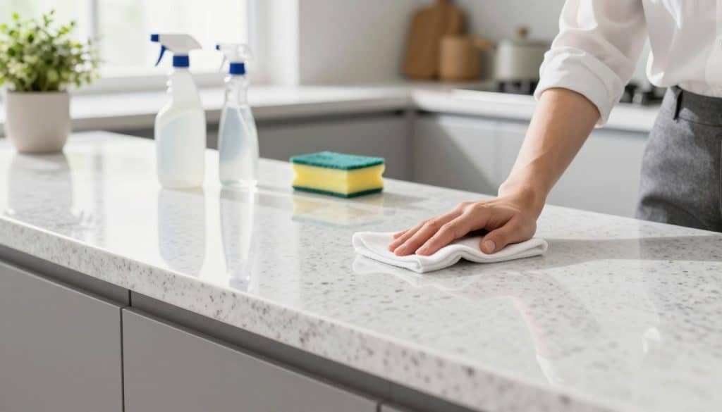 A bright kitchen scene featuring a pristine quartzite countertop as the central focus. In the foreground, a person in professional business attire gently cleans the surface with a soft cloth, showcasing proper care techniques. The midground includes cleaning supplies like a spray bottle and sponge neatly arranged, emphasizing a simple daily cleaning routine. In the background, natural light pours in through a window, illuminating the sleek, polished finish of the quartzite. The atmosphere is calm and inviting, with a touch of elegance in the kitchen design, illustrated by subtle decor elements like potted herbs and minimalist kitchenware. The angle captures both the countertop and the person, highlighting the process of maintaining quartzite. A bright kitchen scene featuring a pristine quartzite countertop as the central focus. In the foreground, a person in professional business attire gently cleans the surface with a soft cloth, showcasing proper care techniques. The midground includes cleaning supplies like a spray bottle and sponge neatly arranged, emphasizing a simple daily cleaning routine. In the background, natural light pours in through a window, illuminating the sleek, polished finish of the quartzite. The atmosphere is calm and inviting, with a touch of elegance in the kitchen design, illustrated by subtle decor elements like potted herbs and minimalist kitchenware. The angle captures both the countertop and the person, highlighting the process of maintaining quartzite.