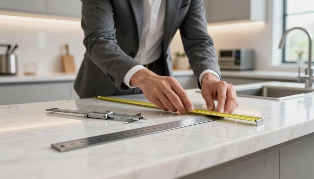 A close-up, detailed shot of a person measuring the depth of a beautifully crafted quartz countertop in a bright, modern kitchen. The foreground shows a stainless steel ruler laid flat against the countertop, with clear markings visible, and a set of calipers resting beside it. In the middle, a well-dressed individual, wearing a professional business attire, deeply focused on taking precise measurements, appears engaged in the task. The background features a softly lit kitchen with sleek cabinetry, stylish appliances, and natural light streaming through a window, creating a warm, inviting atmosphere. The angle captures the countertop depth accurately, highlighting the quality of the materials and the importance of precise measurements for renovation or installation decisions. The overall mood is professional, informative, and conducive to home improvement discussions.