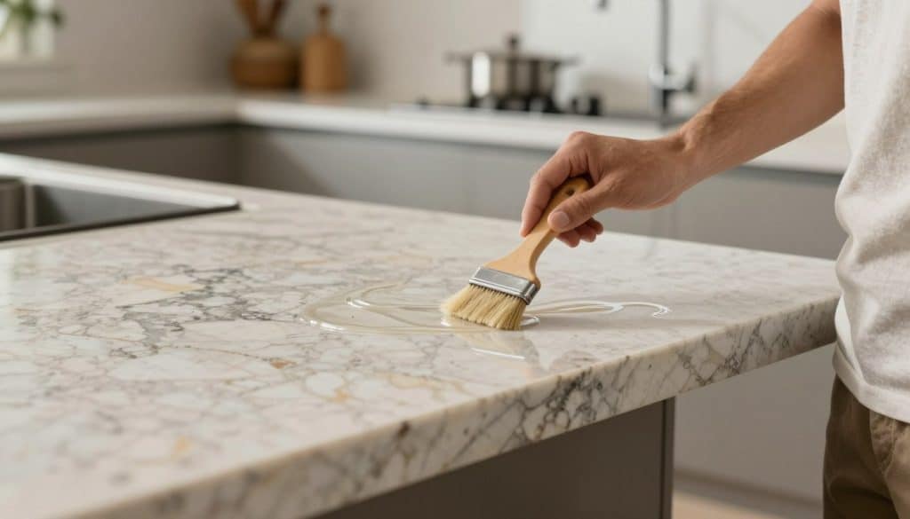 A close-up view of a quartzite countertop being sealed in a modern kitchen setting. In the foreground, a professional in modest casual attire is applying a transparent sealant with a brush, showcasing the careful technique. The middle layer features the stunning texture and intricate patterns of the quartzite surface, glistening slightly under soft, diffused natural lighting. In the background, there are blurred kitchen elements, such as a sleek backsplash and stylish cookware, creating a warm and inviting atmosphere. The overall mood is calm and focused, emphasizing the importance of protecting beautiful countertops from spills and stains, while highlighting the durability of the quartzite material. The angle is slightly above eye level, allowing a clear view of both the sealing process and the captivating surface of the quartzite. A close-up view of a quartzite countertop being sealed in a modern kitchen setting. In the foreground, a professional in modest casual attire is applying a transparent sealant with a brush, showcasing the careful technique. The middle layer features the stunning texture and intricate patterns of the quartzite surface, glistening slightly under soft, diffused natural lighting. In the background, there are blurred kitchen elements, such as a sleek backsplash and stylish cookware, creating a warm and inviting atmosphere. The overall mood is calm and focused, emphasizing the importance of protecting beautiful countertops from spills and stains, while highlighting the durability of the quartzite material. The angle is slightly above eye level, allowing a clear view of both the sealing process and the captivating surface of the quartzite.