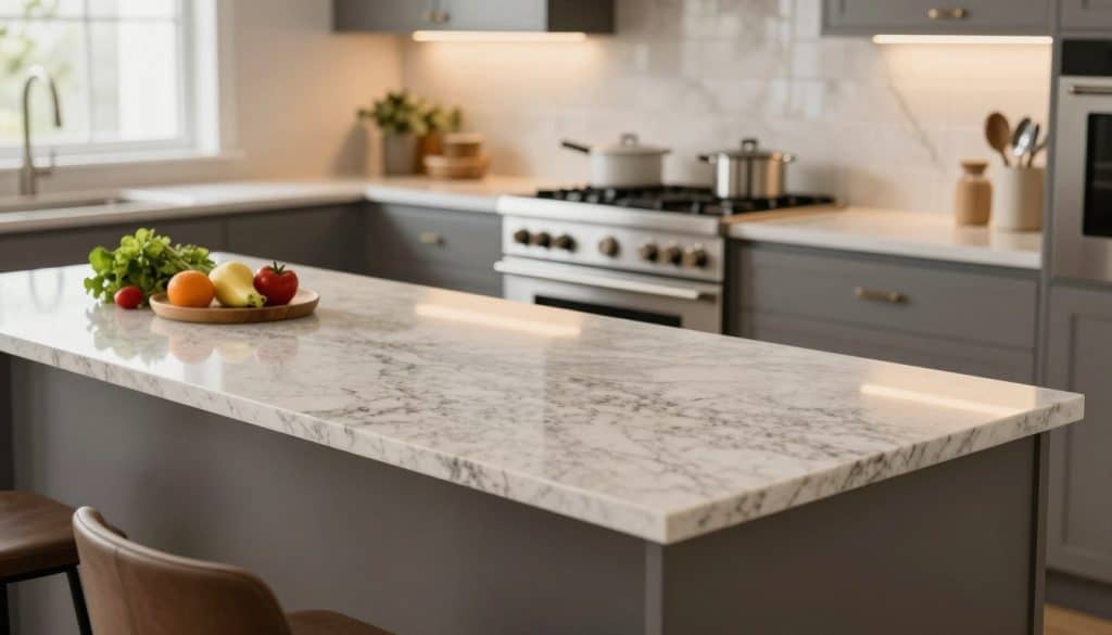 A modern kitchen countertop scene showcasing a stylish quartz and granite design, emphasizing the standard depth of kitchen counters in U.S. homes. In the foreground, a pristine countertop features a sleek, neutral-toned quartz surface paired with contrasting granite accents. A well-lit kitchen island displays fresh ingredients and utensils, illustrating an inviting culinary workspace. In the middle ground, a polished stove and sleek cabinetry highlight a sophisticated, contemporary aesthetic, with soft under-cabinet lighting casting warm glows. The background features a subtle window with natural light filtering through sheer curtains, contributing to a bright and airy ambiance. Shot from a slightly elevated angle to capture the depth and dimensions, creating an engaging and informative visual narrative. The atmosphere is warm, welcoming, and functional, perfect for a home kitchen setting.