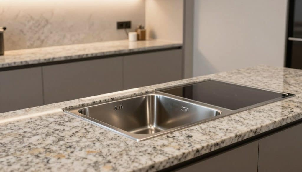 A modern kitchen featuring a sleek countertop with integrated cutouts for a sink and a cooktop. In the foreground, a polished granite surface showcases the precise cutouts, with a stylish stainless steel sink seamlessly installed. A high-efficiency cooktop is set into the countertop, hinting at a gourmet cooking experience. The middle ground includes elegant cabinetry with minimalistic handles, complementing the countertop's aesthetics. In the background, soft ambient lighting creates a warm, inviting atmosphere. The kitchen design is contemporary, featuring neutral wall colors and a subtle tile backsplash. The angle captures the entire setup from a slight overhead view, emphasizing the integration of the appliances into the countertop, showcasing both functionality and style without any distractions or text. A modern kitchen featuring a sleek countertop with integrated cutouts for a sink and a cooktop. In the foreground, a polished granite surface showcases the precise cutouts, with a stylish stainless steel sink seamlessly installed. A high-efficiency cooktop is set into the countertop, hinting at a gourmet cooking experience. The middle ground includes elegant cabinetry with minimalistic handles, complementing the countertop's aesthetics. In the background, soft ambient lighting creates a warm, inviting atmosphere. The kitchen design is contemporary, featuring neutral wall colors and a subtle tile backsplash. The angle captures the entire setup from a slight overhead view, emphasizing the integration of the appliances into the countertop, showcasing both functionality and style without any distractions or text.