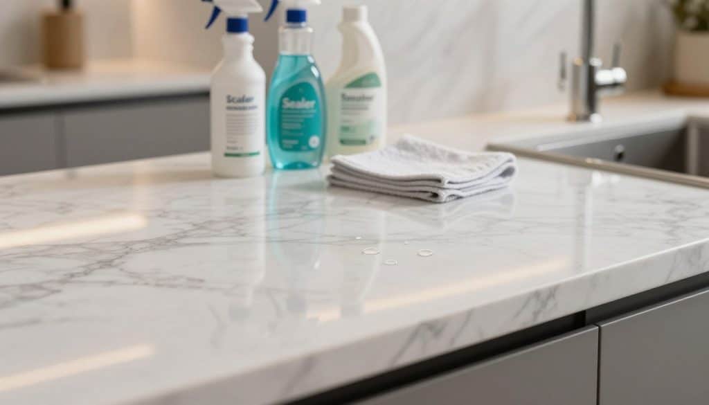 A modern kitchen showcasing a luxurious marble countertop on one side and a sleek quartz countertop on the other. In the foreground, focus on a close-up of the marble surface, highlighting its natural veining and shine, while showing a few drops of water effortlessly rolling off, symbolizing its stain resistance. In the middle, include a well-organized cleaning kit with eco-friendly cleaning products, a microfiber cloth, and a subtle bottle labeled "Sealer," suggesting maintenance practices. In the background, capture soft, ambient lighting that reflects off both surfaces, enhancing their textures. The overall mood should evoke a sense of elegance and practicality, inviting the viewer to appreciate the ease of maintenance and durability of these materials.