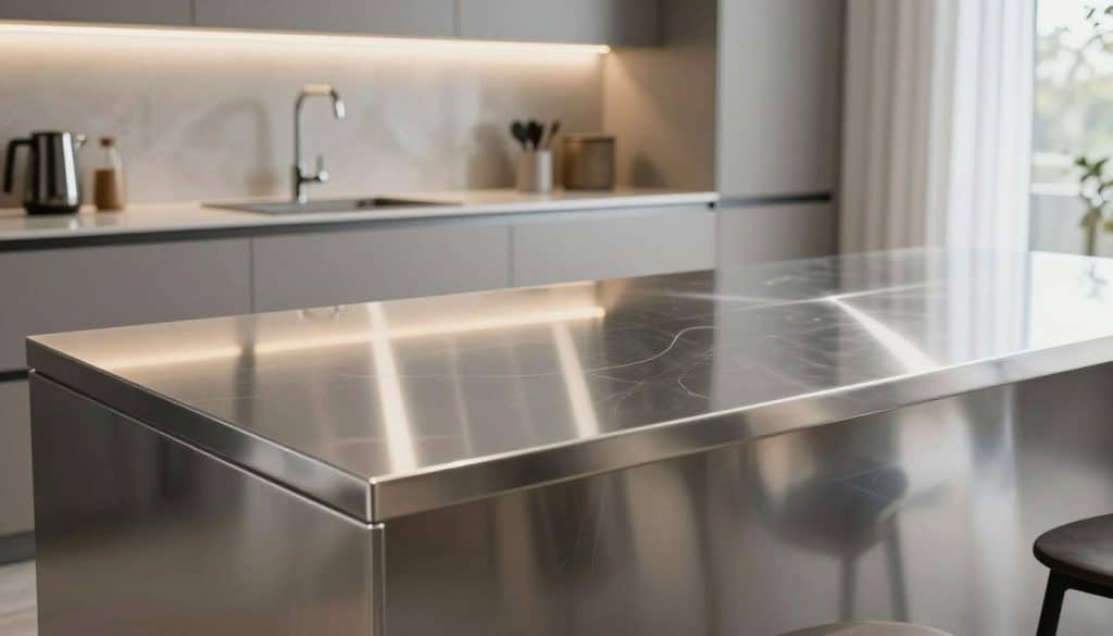 A sleek, polished stainless steel countertop takes center stage, reflecting light with a mirror-like finish. In the foreground, the countertop's texture showcases a series of subtle, intricate lines and patterns that emphasize its modern design. In the middle ground, a minimalist kitchen layout features elegant, contemporary cabinetry and a tasteful array of kitchenware, creating a harmonious balance. Soft, warm lighting from pendant fixtures casts gentle shadows, enhancing the sophisticated atmosphere. The background reveals a window framed by white curtains, allowing natural sunlight to spill into the space, adding warmth and inviting ambiance. The overall mood conveys a sense of luxury and modernity, ideal for showcasing specialty countertops. The image is shot at a slight angle, emphasizing the depth and sleekness of the stainless steel surface. A sleek, polished stainless steel countertop takes center stage, reflecting light with a mirror-like finish. In the foreground, the countertop's texture showcases a series of subtle, intricate lines and patterns that emphasize its modern design. In the middle ground, a minimalist kitchen layout features elegant, contemporary cabinetry and a tasteful array of kitchenware, creating a harmonious balance. Soft, warm lighting from pendant fixtures casts gentle shadows, enhancing the sophisticated atmosphere. The background reveals a window framed by white curtains, allowing natural sunlight to spill into the space, adding warmth and inviting ambiance. The overall mood conveys a sense of luxury and modernity, ideal for showcasing specialty countertops. The image is shot at a slight angle, emphasizing the depth and sleekness of the stainless steel surface.