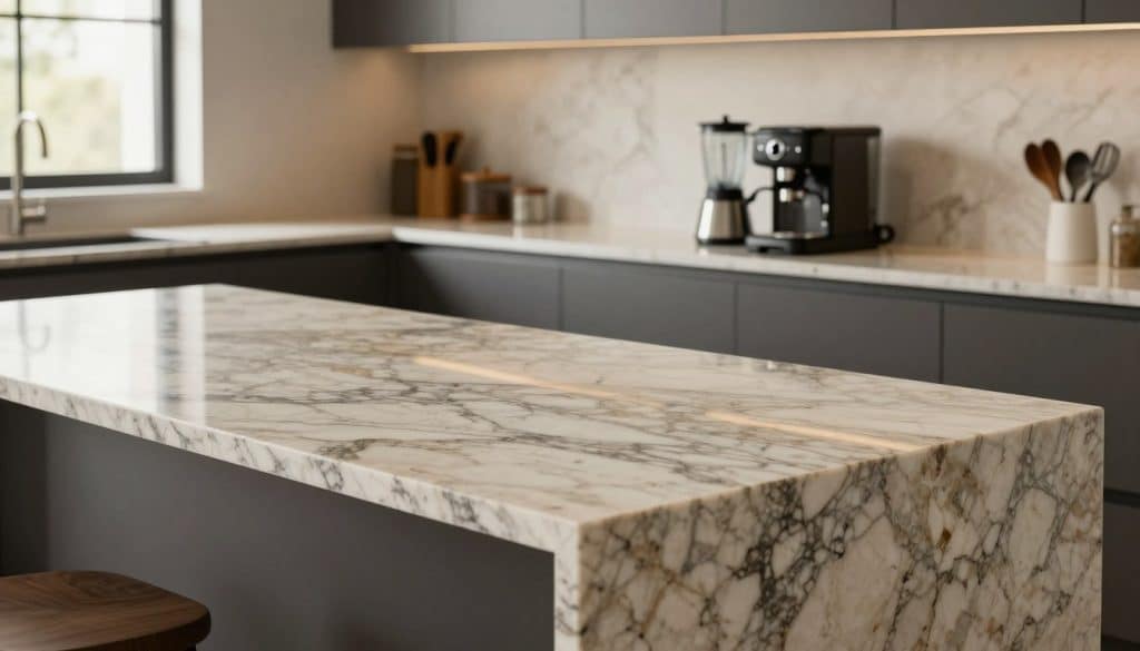 Modern kitchen featuring deeper quartz and granite countertops that elegantly extend beyond traditional dimensions. In the foreground, a smooth, polished countertop with striking patterns, displaying a seamless integration of depth and design. In the middle ground, well-organized kitchen utensils and stylish appliances, like a sleek blender and a high-end coffee maker, accentuating the functional use of the deeper space. The background reveals contemporary cabinetry and an inviting window with natural light pouring in, highlighting the textures of the countertops. The atmosphere conveys a sense of sophistication and warmth, perfect for cooking and entertaining. The scene is captured with soft, diffused lighting to create an inviting ambiance, taken from a slightly elevated angle to showcase the countertop's depth and usability.