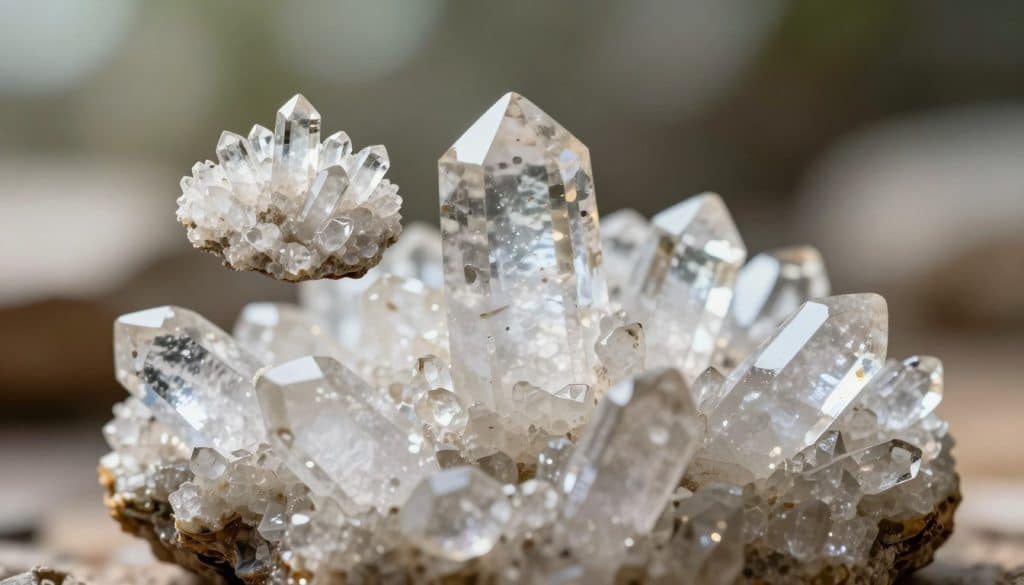 A close-up illustration showcasing the composition of quartz, highlighting its crystalline structure. In the foreground, a cluster of transparent quartz crystals with distinct facets reflecting light, revealing their intricate geometry. The middle ground features a cross-section diagrammatic view of quartz showcasing its mineral composition, specifically silicon dioxide. The background should be softly blurred, suggesting a natural rock environment with subtle hues of earth tones and gentle lighting that mimics sunlight filtering through leaves, creating a serene and informative atmosphere. Use a macro lens effect to enhance the textures and details of the quartz crystals, emphasizing clarity and brilliance in the imagery. The overall mood should be one of elegance and sophistication, befitting a discussion on high-quality materials.