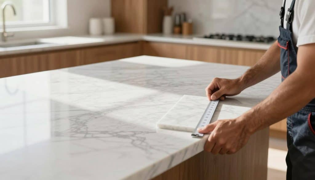 A close-up scene of a marble countertop installation in a bright, modern kitchen. In the foreground, a skilled contractor in professional attire is carefully measuring and cutting a piece of elegant white marble with subtle gray veining. The middle ground features a partially installed sleek countertop, showcasing its polished surface and natural beauty. Natural light streams in through a nearby window, casting soft shadows and highlighting the intricate details of the marble. In the background, warm wooden cabinets and minimalist decor create a welcoming atmosphere. The focus is on the craftsmanship of the installation process, with an emphasis on precision and quality. The overall mood is professional, calm, and focused on home improvement. A close-up scene of a marble countertop installation in a bright, modern kitchen. In the foreground, a skilled contractor in professional attire is carefully measuring and cutting a piece of elegant white marble with subtle gray veining. The middle ground features a partially installed sleek countertop, showcasing its polished surface and natural beauty. Natural light streams in through a nearby window, casting soft shadows and highlighting the intricate details of the marble. In the background, warm wooden cabinets and minimalist decor create a welcoming atmosphere. The focus is on the craftsmanship of the installation process, with an emphasis on precision and quality. The overall mood is professional, calm, and focused on home improvement.