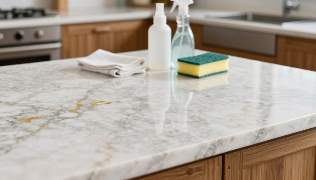 A close-up view of a polished quartz countertop, showcasing its intricate patterns and textures. In the foreground, the surface glistens under soft, natural light, highlighting the subtle variations in color—white, gray, and specks of gold. The middle ground features a few essential cleaning supplies: a soft cloth, a gentle cleanser bottle, and a sponge arranged neatly beside the countertop. In the background, a stylish kitchen setting with warm wooden cabinets and modern appliances creates an inviting atmosphere. The image is taken from a slightly elevated angle to capture the countertop’s sheen, evoking a professional and clean ambiance, perfect for illustrating the importance of proper quartz maintenance. The overall mood is serene and organized, encouraging a sense of care and attention to detail.