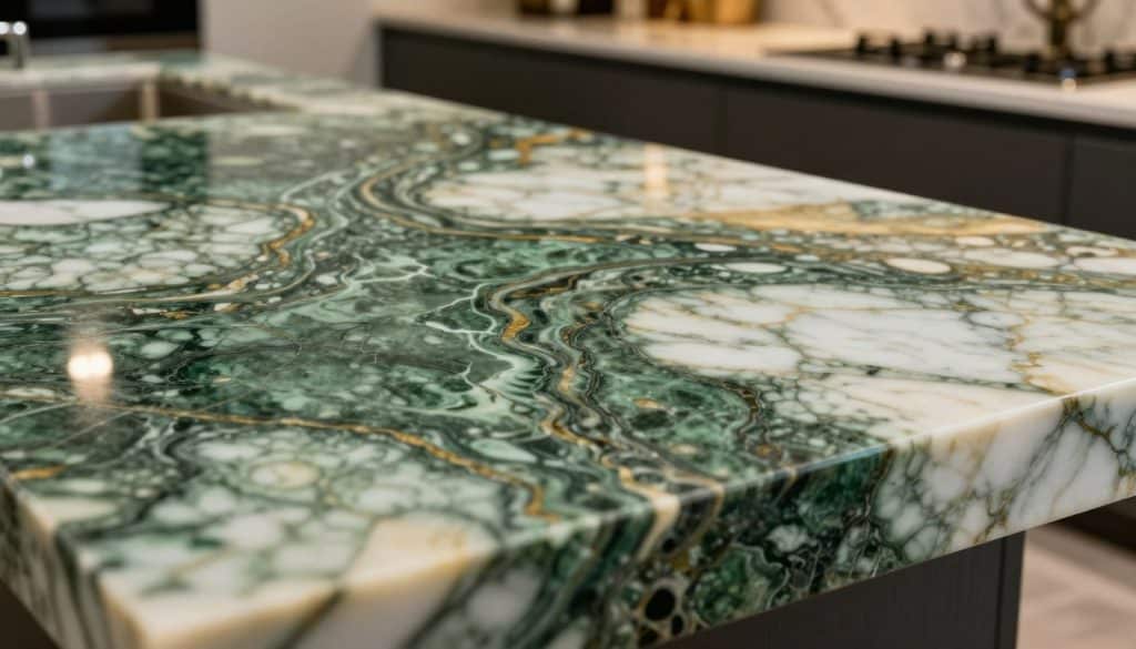 A close-up view of an elegant marble slab showcasing intricate veining patterns, emphasizing a variety of colors including deep greens, soft whites, and subtle golds. The foreground features a polished surface with a high-gloss finish that reflects light, enhancing the natural beauty of the veining. In the middle, delicate swirls and bold streaks create a mesmerizing texture that draws the eye. The background is softly blurred, suggesting an upscale kitchen environment with warm, ambient lighting that adds a touch of sophistication. The overall mood is luxurious and refined, perfect for a section on marble slab prices by type and veining. The composition is captured at a slight angle, emphasizing the depth and richness of the material. A close-up view of an elegant marble slab showcasing intricate veining patterns, emphasizing a variety of colors including deep greens, soft whites, and subtle golds. The foreground features a polished surface with a high-gloss finish that reflects light, enhancing the natural beauty of the veining. In the middle, delicate swirls and bold streaks create a mesmerizing texture that draws the eye. The background is softly blurred, suggesting an upscale kitchen environment with warm, ambient lighting that adds a touch of sophistication. The overall mood is luxurious and refined, perfect for a section on marble slab prices by type and veining. The composition is captured at a slight angle, emphasizing the depth and richness of the material.
