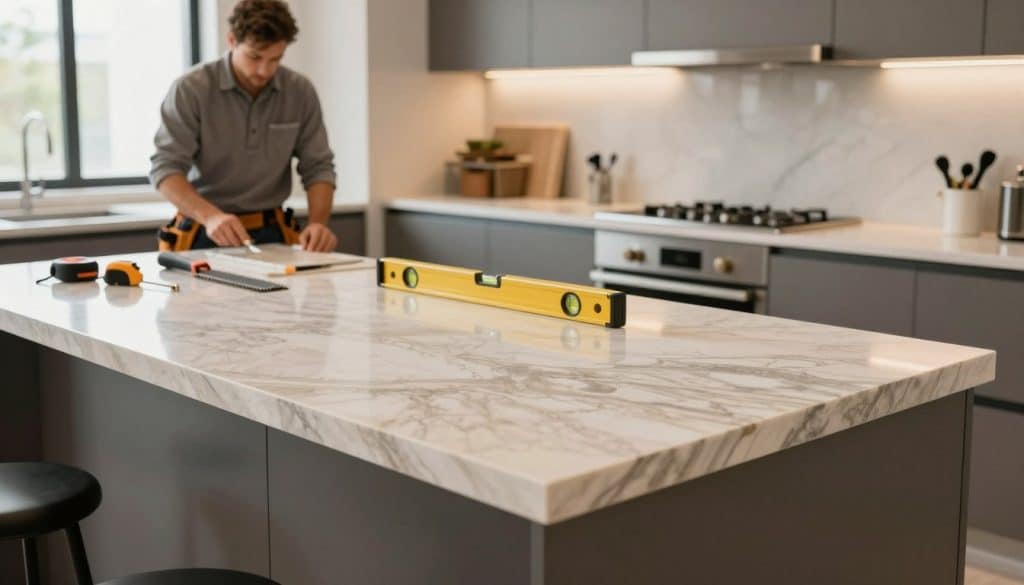 A modern kitchen with elegant stone countertops in the foreground, showcasing intricate veining patterns and a polished finish that reflects soft, ambient lighting. To the left, a professional contractor is examining the installation process, dressed in a smart, casual shirt and tool belt, adding an element of expertise to the scene. In the middle ground, there are various installation tools such as measuring tape, a level, and a saw placed neatly on the countertop, highlighting the complexity of the installation process. The background features stylish cabinetry and a well-organized workspace, with natural light streaming through a large window, creating a warm and inviting atmosphere that emphasizes the meticulous nature of countertop installation. A modern kitchen with elegant stone countertops in the foreground, showcasing intricate veining patterns and a polished finish that reflects soft, ambient lighting. To the left, a professional contractor is examining the installation process, dressed in a smart, casual shirt and tool belt, adding an element of expertise to the scene. In the middle ground, there are various installation tools such as measuring tape, a level, and a saw placed neatly on the countertop, highlighting the complexity of the installation process. The background features stylish cabinetry and a well-organized workspace, with natural light streaming through a large window, creating a warm and inviting atmosphere that emphasizes the meticulous nature of countertop installation.
