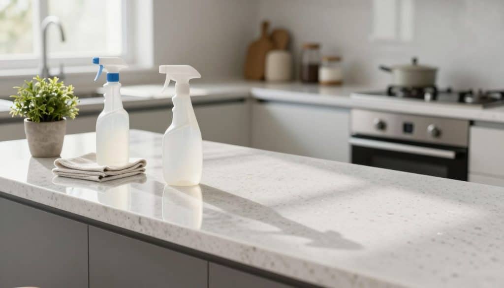 A pristine kitchen featuring sleek quartz countertops as the focal point, showcasing their glossy, polished surface with subtle flecks of color glinting in the soft, natural sunlight streaming through a nearby window. In the foreground, a modern cleaning spray bottle and a soft cloth are elegantly arranged next to a small potted plant, emphasizing the cleaning theme. The middle ground captures the beautiful countertop seamlessly blending into stylish cabinetry and minimalist decor elements, while in the background, a hint of a well-organized kitchen with gleaming appliances creates a welcoming environment. The overall atmosphere is fresh and inviting, conveying a sense of cleanliness and sophistication, with soft focus on the background for a professional touch. The lighting enhances the reflective quality of the quartz, highlighting its beauty and elegance.