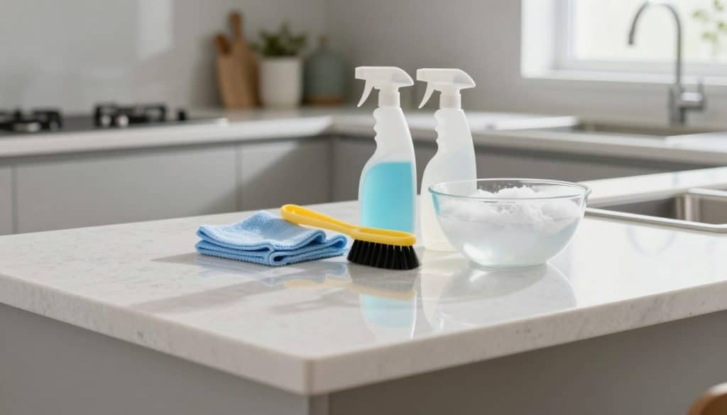 A pristine quartz countertop dominates the foreground, showcasing its deep clean shine and smooth texture, reflecting light in a subtle way. In the middle ground, a set of professional cleaning tools, including a soft cloth, a gentle cleaner, and a brush, are neatly arranged beside a fresh bowl of warm, soapy water. The background features a well-lit, modern kitchen with sleek cabinets and complementary décor, creating a clean and inviting atmosphere. Soft, natural lighting streams in from a nearby window, casting gentle shadows and enhancing the bright colors of the countertop and tools. The overall mood is fresh, hygienic, and polished, inviting viewers to learn more about maintaining their quartz surfaces.