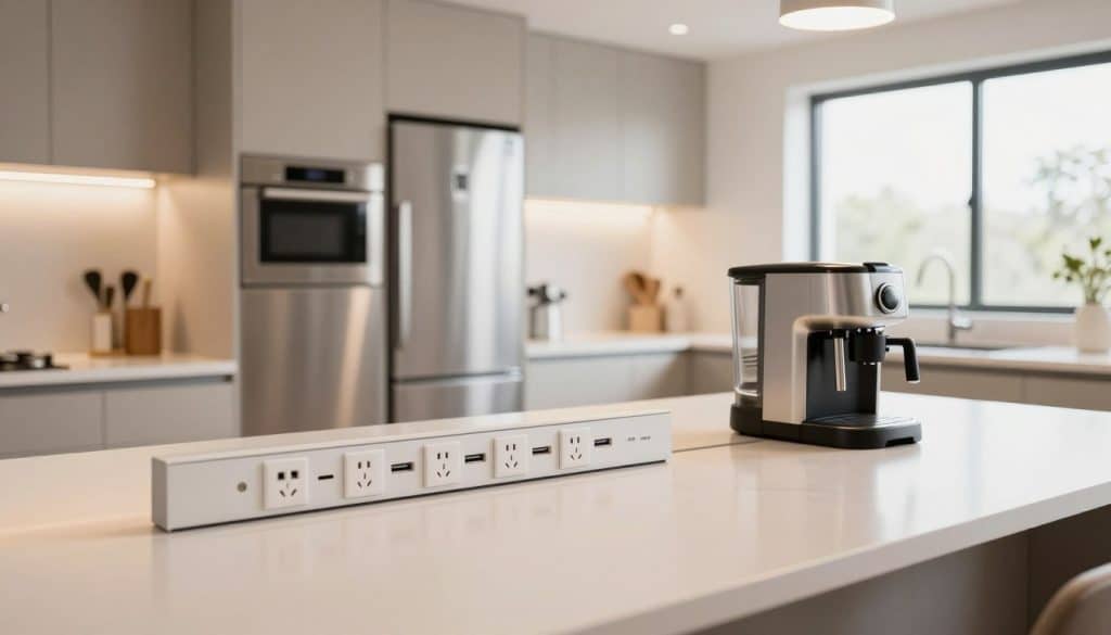 A well-lit contemporary kitchen featuring a clean, modern design with various kitchen outlets and appliances prominently displayed. In the foreground, focus on a sleek countertop, showcasing multiple electrical outlets and integrated USB charging ports seamlessly installed into the surface. In the middle, position high-end kitchen appliances like a stainless-steel refrigerator, built-in microwave, and a stylish coffee maker, all reflecting a bright, inviting atmosphere. The background reveals light cabinetry and a spacious, airy layout with large windows allowing natural light to flood the room. Use soft, warm lighting to enhance the welcoming mood, shot from a slightly elevated angle to capture the overall elegance and functionality of the kitchen space. A well-lit contemporary kitchen featuring a clean, modern design with various kitchen outlets and appliances prominently displayed. In the foreground, focus on a sleek countertop, showcasing multiple electrical outlets and integrated USB charging ports seamlessly installed into the surface. In the middle, position high-end kitchen appliances like a stainless-steel refrigerator, built-in microwave, and a stylish coffee maker, all reflecting a bright, inviting atmosphere. The background reveals light cabinetry and a spacious, airy layout with large windows allowing natural light to flood the room. Use soft, warm lighting to enhance the welcoming mood, shot from a slightly elevated angle to capture the overall elegance and functionality of the kitchen space.