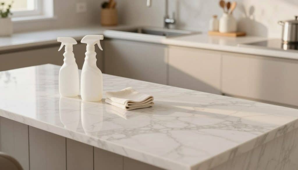 A beautifully arranged kitchen scene featuring clean marble countertops that reflect natural light. In the foreground, a pristine marble surface glistens under soft, warm lighting, showcasing its distinctive veins and polished shine. On the countertop, a few basic cleaning supplies—a gentle spray bottle and a soft cloth—are neatly placed, conveying the theme of everyday mess management. In the middle, a sleek kitchen sink with modern fixtures complements the elegant marble, enhancing the luxurious feel. The background displays minimalistic cabinetry in a soft color palette, allowing the countertops to stand out. The atmosphere is serene and inviting, suggesting a clean and organized space perfect for daily use. Capture this scene from a slightly elevated angle to emphasize the countertop’s texture and shine while maintaining a harmonious overall composition.