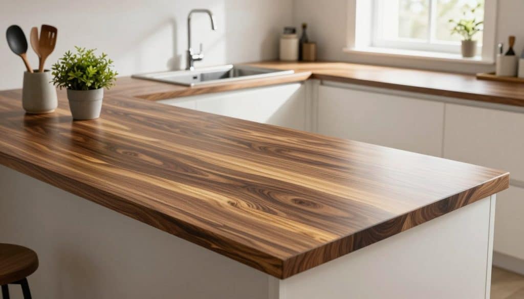 A beautifully designed kitchen showcasing a modern laminate countertop, featuring a rich wood grain pattern with deep brown and gold hues. In the foreground, the countertop is adorned with stylish kitchen utensils and a small potted plant, adding a touch of freshness. The middle ground displays an elegant sink with polished chrome fixtures and a sleek backsplash, while the background reveals bright, natural light streaming through a window, illuminating the entire space. The overall atmosphere should be warm and inviting, emphasizing the practicality and aesthetics of laminate materials. Capture the image from a slightly elevated angle to highlight the countertop's surface and surrounding elements, ensuring clarity and depth in the composition.