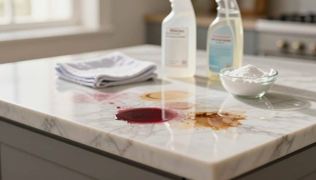A beautifully polished marble countertop displaying various stains in rich, contrasting colors, such as dark red wine, light coffee, and a hint of oily residue. In the foreground, a close-up view captures the intricate veining and texture of the marble surface, highlighting the damaged spots. The middle ground features a soft focus of cleaning supplies such as a gentle cleaner, a microfiber cloth, and a small bowl of baking soda, elegantly arranged to suggest effective cleaning methods. The background is softly blurred, suggesting a bright kitchen environment with warm, natural light streaming through a window, casting delicate shadows. The overall atmosphere conveys a calm and inviting feel, emphasizing the beauty of marble while subtly indicating the need for care in maintenance and cleaning.