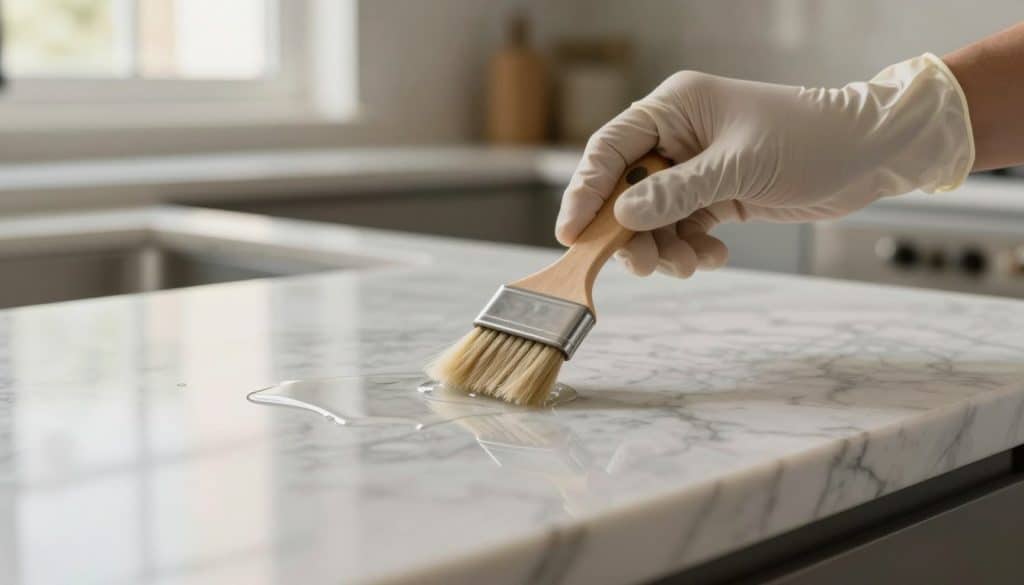 A close-up of a marble countertop undergoing a sealing water test. The foreground features a droplet of water pooling on the polished surface, highlighting the reflective quality of the marble. In the middle ground, a hand wearing a latex glove is gently applying a clear sealant with a small brush, emphasizing a meticulous approach to maintenance. The background showcases a well-lit kitchen setting with soft, natural light filtering through a nearby window, creating a warm and inviting atmosphere. The angle captures the countertop's elegant patterns, underscoring its beauty and sophistication. The mood conveys a sense of care and professionalism, ideal for maintaining marble surfaces.