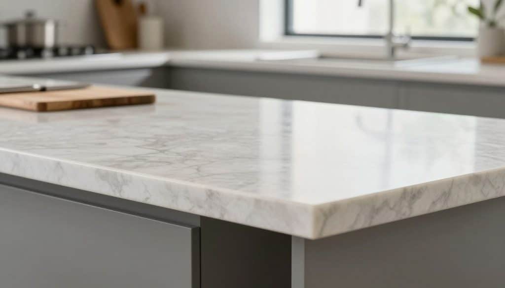 A close-up view of a durable quartz countertop, showcasing its smooth, polished surface with intricate patterns resembling natural stone. The foreground highlights the shiny texture with subtle reflections, emphasizing its resistance to scratches and chips. In the middle ground, there is a slight wear mark, demonstrating its long-term performance under daily use, paired with a small cutting board and kitchen utensils to suggest an active kitchen environment. The background is softly blurred, featuring a modern kitchen setting with natural light streaming through a window, casting gentle shadows. Capture the essence of sophistication and resilience, with a bright and inviting atmosphere that reflects both elegance and practicality.
