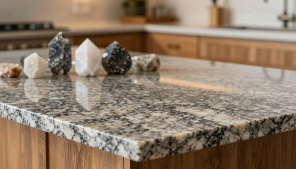 A close-up view of a polished granite countertop, showcasing its rich hues of gray and black with intricate white veining. The foreground features a smooth, shining surface reflecting soft, natural light that accentuates the mineral patterns. In the middle ground, display a selection of quartz samples with varied colors and textures, emphasizing the differences in composition and appearance. The background consists of a subtly blurred kitchen setting, with warm, ambient lighting highlighting natural wood cabinetry and minimalistic decor. Focus on creating a serene and elegant atmosphere, capturing the essence of luxury and craftsmanship in stone countertops. Use a soft focus lens to enhance the textures and details of both the granite and quartz, while maintaining a professional and polished aesthetic. A close-up view of a polished granite countertop, showcasing its rich hues of gray and black with intricate white veining. The foreground features a smooth, shining surface reflecting soft, natural light that accentuates the mineral patterns. In the middle ground, display a selection of quartz samples with varied colors and textures, emphasizing the differences in composition and appearance. The background consists of a subtly blurred kitchen setting, with warm, ambient lighting highlighting natural wood cabinetry and minimalistic decor. Focus on creating a serene and elegant atmosphere, capturing the essence of luxury and craftsmanship in stone countertops. Use a soft focus lens to enhance the textures and details of both the granite and quartz, while maintaining a professional and polished aesthetic.