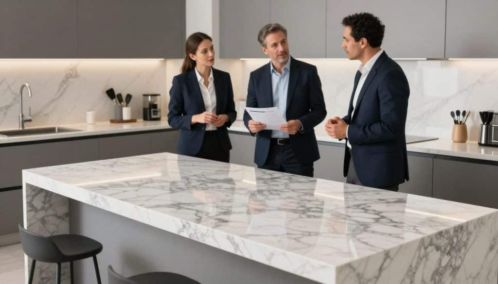A modern kitchen featuring a sleek Silestone countertop as the focal point in bright, natural lighting. In the foreground, a stylish kitchen island with a polished Silestone surface, showcasing its unique patterns and textures in shades of white and grey. In the middle ground, a set of professional business attire-clad individuals, engaged in a discussion about warranty and performance aspects of Silestone, exuding an atmosphere of expertise and confidence. The background displays cabinetry and carefully selected kitchen accessories that complement the countertop’s elegance. The camera angle is slightly above eye level, providing a comprehensive view of the countertop while maintaining focus on the conversation, creating an informative yet inviting mood.