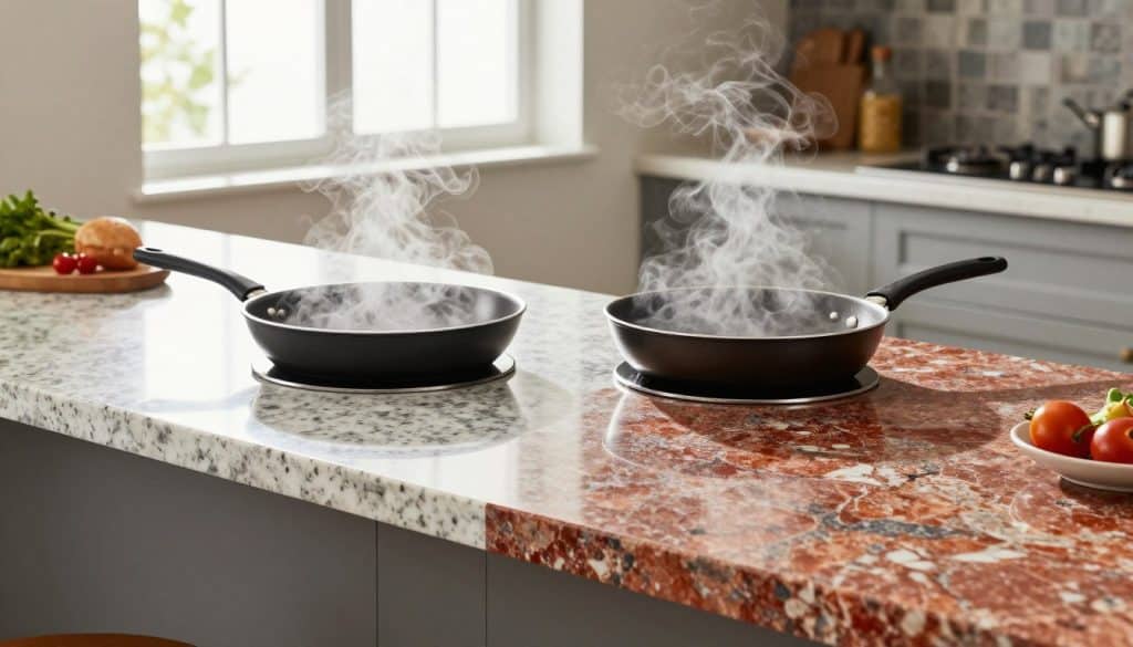 A modern kitchen setting, showcasing a sleek quartz countertop on the left and a vibrant Silestone surface on the right. In the foreground, two gleaming hot pans sizzle with steam rising, emphasizing their heat. The pans are placed on trivets, with a hint of fresh ingredients scattered around for a homey touch. In the middle ground, a bright window casts natural light, highlighting the texture of the countertops, while soft shadows create depth. The background features subtle kitchen elements like cabinets and a stylish backsplash in muted tones, enhancing the clean, contemporary atmosphere. The scene conveys warmth and practicality, illustrating the heat resistance of these surfaces in a well-designed home.