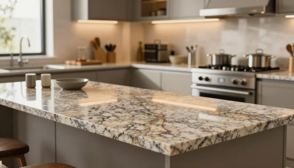 A modern kitchen showcasing heat-resistant granite countertops, emphasizing durability in a sleek, contemporary design. In the foreground, a polished granite countertop reflects the warm glow of ambient lighting, featuring subtle veining patterns that highlight its strength. In the middle ground, an array of kitchen tools and pots are strategically placed, hinting at daily culinary use without clutter. The background reveals a well-organized kitchen with elegant cabinetry and stainless steel appliances, offering a sense of sophistication. Soft natural light streams through a nearby window, creating a welcoming atmosphere. The image captures a balance between functionality and beauty, illustrating the resilience of materials against heat, scratches, chips, and cracks. A modern kitchen showcasing heat-resistant granite countertops, emphasizing durability in a sleek, contemporary design. In the foreground, a polished granite countertop reflects the warm glow of ambient lighting, featuring subtle veining patterns that highlight its strength. In the middle ground, an array of kitchen tools and pots are strategically placed, hinting at daily culinary use without clutter. The background reveals a well-organized kitchen with elegant cabinetry and stainless steel appliances, offering a sense of sophistication. Soft natural light streams through a nearby window, creating a welcoming atmosphere. The image captures a balance between functionality and beauty, illustrating the resilience of materials against heat, scratches, chips, and cracks.