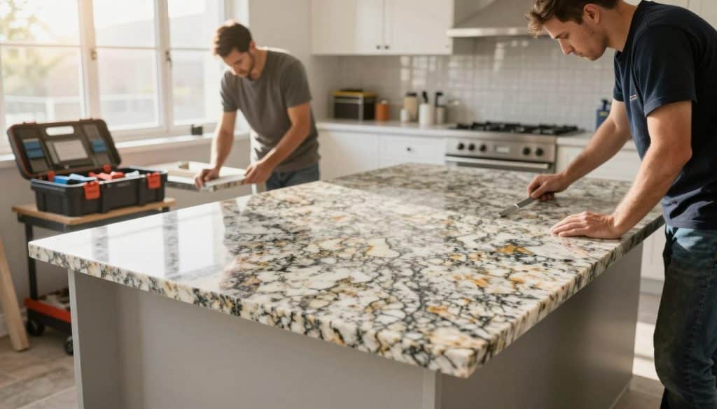 A professional granite countertop installation scene, featuring skilled fabricators in smart casual clothing meticulously working on a kitchen setting. In the foreground, focus on a large, polished granite slab being carefully positioned onto a kitchen island, showcasing the intricate patterns of the stone. In the middle ground, observe toolboxes and installation equipment creatively arranged, emphasizing technique and precision. The background reveals a bright, modern kitchen with sunlight streaming in through large windows, illuminating the space with warm, welcoming light. The atmosphere should convey a sense of professionalism and craftsmanship, highlighting the importance of expert fabrication for a flawless installation. The angle should be slightly tilted downwards for depth, capturing the intricate details and textures of both the granite and the work environment. A professional granite countertop installation scene, featuring skilled fabricators in smart casual clothing meticulously working on a kitchen setting. In the foreground, focus on a large, polished granite slab being carefully positioned onto a kitchen island, showcasing the intricate patterns of the stone. In the middle ground, observe toolboxes and installation equipment creatively arranged, emphasizing technique and precision. The background reveals a bright, modern kitchen with sunlight streaming in through large windows, illuminating the space with warm, welcoming light. The atmosphere should convey a sense of professionalism and craftsmanship, highlighting the importance of expert fabrication for a flawless installation. The angle should be slightly tilted downwards for depth, capturing the intricate details and textures of both the granite and the work environment.