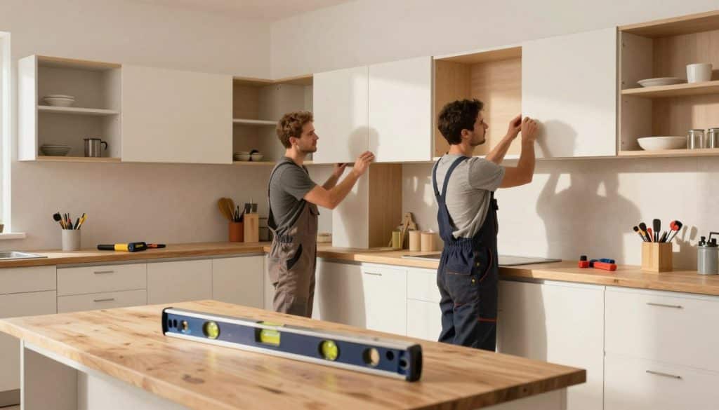 A well-organized workshop setting featuring an array of stylish kitchen cabinets ready for installation. In the foreground, a level tool rests on a wooden countertop, emphasizing precision. In the middle, two professional carpenters, dressed in neat work attire, collaborate to secure cabinets to the wall, showcasing teamwork and technique. Their focused expressions convey a dedication to quality workmanship. The background reveals a clean, well-lit space with various tools and materials neatly arranged, enhancing the organized feel. Warm, natural light filters through a window, casting soft shadows and creating an inviting atmosphere. The angle captures both the craftsmanship and the spaciousness of the workshop, highlighting the importance of a solid base in installation.