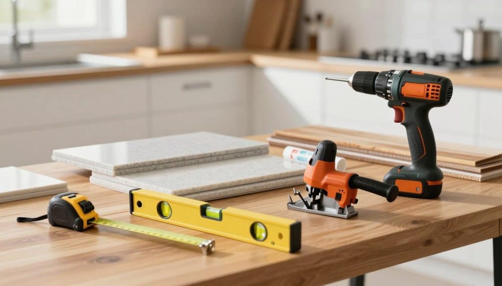 A well-organized workspace showcasing essential countertop installation tools and materials. In the foreground, neatly arranged tools like a measuring tape, level, jigsaw, and drill are prominently displayed on a wooden workbench. In the middle, various materials such as quartz slabs, wood boards, and adhesive tubes are partially visible, providing a glimpse into the project components. The background features a softly blurred kitchen setting with a modern design, enhancing the focus on the tools and materials. Natural light streams in from a window, illuminating the workspace and creating a warm, inviting atmosphere. The image captures a sense of preparation and professionalism, ideal for conveying the importance of being fully equipped before starting a DIY home project.