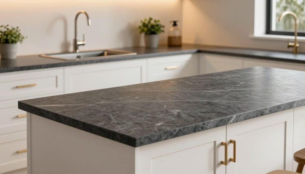 A beautifully designed kitchen featuring elegant white cabinets topped with a stunning soapstone countertop. In the foreground, show the smooth, textured surface of the dark grey soapstone, highlighting its natural veining in lighter shades. In the middle, a stylish stainless steel sink with modern fixtures complements the countertop, while the cabinets are adorned with sleek, brushed nickel hardware. The background reveals a softly lit space with warm, ambient lighting, casting gentle shadows that enhance the depth of the countertops. A small potted herb plant sits on the counter, adding a touch of greenery. The overall mood is chic and inviting, reflecting a sophisticated yet cozy atmosphere perfect for a contemporary kitchen. A beautifully designed kitchen featuring elegant white cabinets topped with a stunning soapstone countertop. In the foreground, show the smooth, textured surface of the dark grey soapstone, highlighting its natural veining in lighter shades. In the middle, a stylish stainless steel sink with modern fixtures complements the countertop, while the cabinets are adorned with sleek, brushed nickel hardware. The background reveals a softly lit space with warm, ambient lighting, casting gentle shadows that enhance the depth of the countertops. A small potted herb plant sits on the counter, adding a touch of greenery. The overall mood is chic and inviting, reflecting a sophisticated yet cozy atmosphere perfect for a contemporary kitchen.