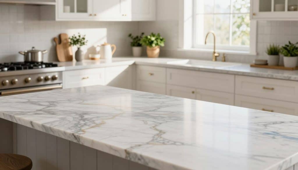 A beautifully styled modern kitchen featuring a range of countertop colors that complement warm and cool white cabinets. In the foreground, display an elegant quartz countertop with marbling in soft grays and warm veining, alongside a sleek white marble alternative with subtle hints of blue undertones. In the middle, showcase white cabinets with both warm and cool undertones, beautifully lit by soft, natural sunlight streaming through a nearby window, creating a bright and inviting atmosphere. The background features decorative elements like potted herbs and tasteful kitchenware, enhancing the homely yet sophisticated mood. Capture the scene from a slight high angle to encompass the elegance of the kitchen design, emphasizing the harmony of the countertop colors with the cabinetry. A beautifully styled modern kitchen featuring a range of countertop colors that complement warm and cool white cabinets. In the foreground, display an elegant quartz countertop with marbling in soft grays and warm veining, alongside a sleek white marble alternative with subtle hints of blue undertones. In the middle, showcase white cabinets with both warm and cool undertones, beautifully lit by soft, natural sunlight streaming through a nearby window, creating a bright and inviting atmosphere. The background features decorative elements like potted herbs and tasteful kitchenware, enhancing the homely yet sophisticated mood. Capture the scene from a slight high angle to encompass the elegance of the kitchen design, emphasizing the harmony of the countertop colors with the cabinetry.