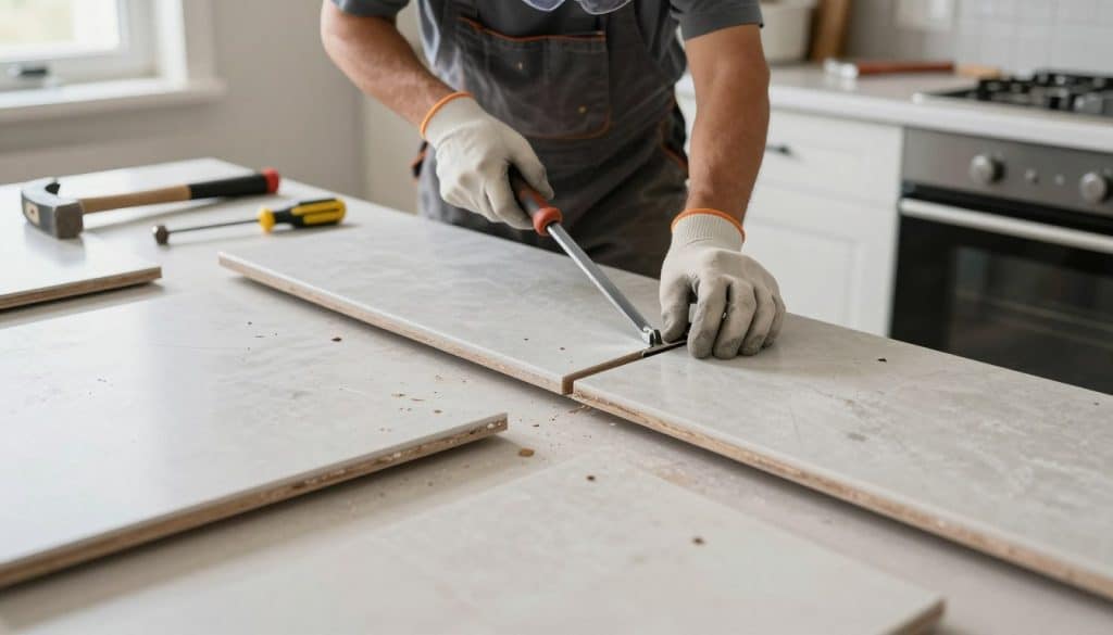 A close-up view of a kitchen workspace with an emphasis on demo removal costs for old countertops. In the foreground, several worn-out countertop surfaces are laid out, displaying signs of damage, such as chips and scratches. In the middle, a person in professional attire, wearing gloves and protective eyewear, is carefully using a pry bar to remove a countertop, showcasing the manual labor involved in the demo process. The background features partially stripped cabinetry and scattered tools like a hammer, screwdriver, and debris. The lighting is bright and clear, giving a sense of an active work environment, with natural light streaming in from a nearby window. The overall mood is focused and industrious, highlighting the effort and cost associated with kitchen renovations. A close-up view of a kitchen workspace with an emphasis on demo removal costs for old countertops. In the foreground, several worn-out countertop surfaces are laid out, displaying signs of damage, such as chips and scratches. In the middle, a person in professional attire, wearing gloves and protective eyewear, is carefully using a pry bar to remove a countertop, showcasing the manual labor involved in the demo process. The background features partially stripped cabinetry and scattered tools like a hammer, screwdriver, and debris. The lighting is bright and clear, giving a sense of an active work environment, with natural light streaming in from a nearby window. The overall mood is focused and industrious, highlighting the effort and cost associated with kitchen renovations.