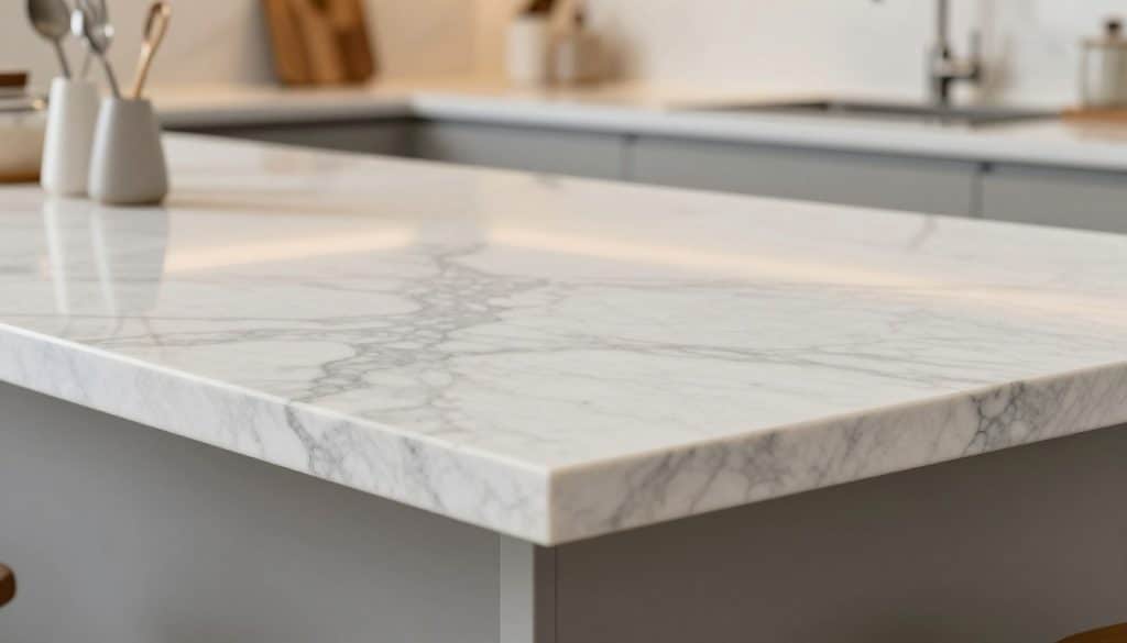 A close-up view of matte finish quartzite, showcasing its intricate texture and gentle color variations ranging from soft whites to light grays, with subtle veins that run gracefully throughout the stone. Highlight the smooth, polished surface reflecting soft, natural light to enhance its depth and elegance. In the foreground, the edges showcase a sleek, straight profile, indicating a modern countertop design. The middle ground features artistic arrangements of kitchen elements, including elegant utensils and a cutting board, subtly suggesting a functional space. In the background, a warm, softly lit kitchen setting provides an inviting atmosphere, conveying a sense of luxury and durability. The overall mood is serene and sophisticated, inviting the viewer to explore the aesthetics of quartzite as a stunning countertop choice.