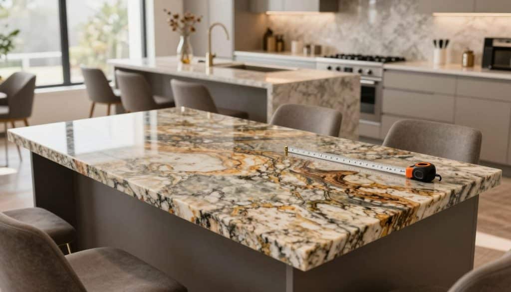 A modern kitchen interior featuring a well-lit granite countertop as the focal point, showcasing varying thicknesses to highlight the selection process. In the foreground, a smooth, polished slab of granite displays its rich colors and patterns, with a measuring tape beside it to emphasize the thickness. The middle ground features a kitchen island equipped with stylish bar stools, elegantly arranged to create an inviting atmosphere. The background presents sleek cabinetry and soft, natural lighting streaming in through large windows, illuminating the space. Capture this scene with a wide angle and warm tones, creating a professional yet welcoming mood ideal for interior design discussions on granite countertops. A modern kitchen interior featuring a well-lit granite countertop as the focal point, showcasing varying thicknesses to highlight the selection process. In the foreground, a smooth, polished slab of granite displays its rich colors and patterns, with a measuring tape beside it to emphasize the thickness. The middle ground features a kitchen island equipped with stylish bar stools, elegantly arranged to create an inviting atmosphere. The background presents sleek cabinetry and soft, natural lighting streaming in through large windows, illuminating the space. Capture this scene with a wide angle and warm tones, creating a professional yet welcoming mood ideal for interior design discussions on granite countertops.