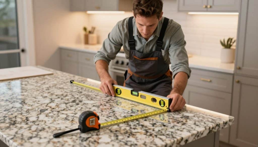 A professional installer measuring a granite countertop in a well-lit, modern kitchen in Minneapolis, MN. The foreground features a carefully laid-out tape measure alongside a stylish granite slab with intricate patterns. In the middle, a focused installer wearing a casual button-up shirt and work apron kneels next to the countertop, using a level tool for precision. The background showcases sleek cabinetry and warm-toned lighting highlighting the granite's texture, creating an inviting atmosphere. The angle captures the action from slightly above, emphasizing the meticulous process of installation. The scene conveys professionalism and expertise in home improvement, evoking trust and quality. A professional installer measuring a granite countertop in a well-lit, modern kitchen in Minneapolis, MN. The foreground features a carefully laid-out tape measure alongside a stylish granite slab with intricate patterns. In the middle, a focused installer wearing a casual button-up shirt and work apron kneels next to the countertop, using a level tool for precision. The background showcases sleek cabinetry and warm-toned lighting highlighting the granite's texture, creating an inviting atmosphere. The angle captures the action from slightly above, emphasizing the meticulous process of installation. The scene conveys professionalism and expertise in home improvement, evoking trust and quality.