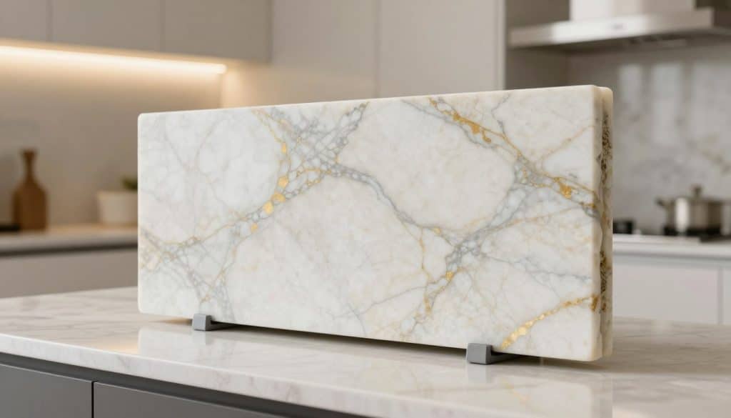 A stunning close-up view of Taj Mahal quartzite, showcasing its unique creamy white base with intricate veining in soft greys and delicate gold hues. The foreground features polished quartzite samples resting on a sleek, modern countertop, reflecting light beautifully. In the middle ground, a softly lit kitchen setting with minimalist cabinetry highlights the quartzite's elegance. The background includes blurred elements of a tasteful kitchen interior, creating a warm and inviting atmosphere. The lighting is bright yet soft, emphasizing the stone's durability and heat resistance. Shot at a slight angle to capture depth, the overall mood is sophisticated and luxurious, ideal for illustrating high-performance natural stone material.