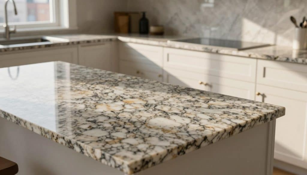 A stylish kitchen with beautiful granite quartz countertops showcasing intricate patterns and a shimmering finish. The foreground features a sleek countertop with various textures highlighted, while in the middle, there are modern white cabinets adorned with tasteful hardware. A gentle sunlight filters through a nearby window, casting warm, inviting light across the scene. The background includes subtle hints of urban Minneapolis architecture, creating a connection to the city's vibrancy. The overall atmosphere is elegant and sophisticated, emphasizing quality and expertise in countertop design. Capture this image from a slightly elevated angle to provide an inspiring perspective, ideal for anyone considering kitchen upgrades. A stylish kitchen with beautiful granite quartz countertops showcasing intricate patterns and a shimmering finish. The foreground features a sleek countertop with various textures highlighted, while in the middle, there are modern white cabinets adorned with tasteful hardware. A gentle sunlight filters through a nearby window, casting warm, inviting light across the scene. The background includes subtle hints of urban Minneapolis architecture, creating a connection to the city's vibrancy. The overall atmosphere is elegant and sophisticated, emphasizing quality and expertise in countertop design. Capture this image from a slightly elevated angle to provide an inspiring perspective, ideal for anyone considering kitchen upgrades.