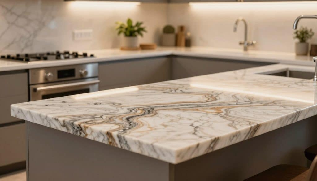 A beautifully designed kitchen featuring elegant quartzite countertops as the focal point. In the foreground, the countertops display their unique, swirling patterns with rich color variations, gleaming under soft, warm ambient lighting that highlights their glossy finish. In the middle ground, a sleek, modern kitchen setup with stainless steel appliances and minimalist cabinetry creates a harmonious balance. The background showcases a subtle, softly painted wall and decorative potted plants, adding a touch of greenery and warmth. The angle captures the countertop’s surface from a slightly elevated perspective, emphasizing depth and richness. The atmosphere should evoke professionalism and sophistication, ideal for a high-end kitchen environment focused on cleanliness and care for quartzite surfaces. - quartz countertops versus granite